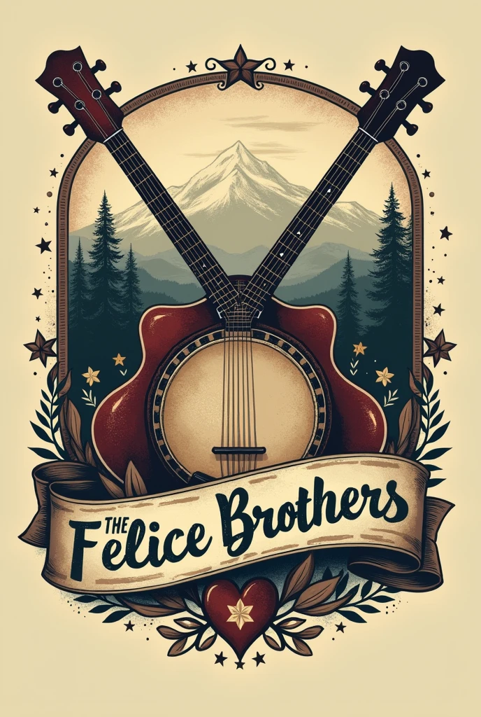 {
"prompt": "Create a t-shirt logo for 'The Felice Brothers' band. Include a central image of a vintage harmonica with crossed banjos or guitars behind it, in a hand-drawn, slightly distressed style. Use a bold, serif font for the band's name 'The Felice Brothers' with an aged appearance, either curving around the central image or placed below it in a banner style. Apply a color palette of earthy, muted tones such as sepia, deep browns, dark greens, and faded reds, with black or dark gray for text and outlines. Add subtle decorative elements like stars, flourishes, or a background of trees and a river to enhance the vintage Americana aesthetic.",
"size": "1024x1024"
}