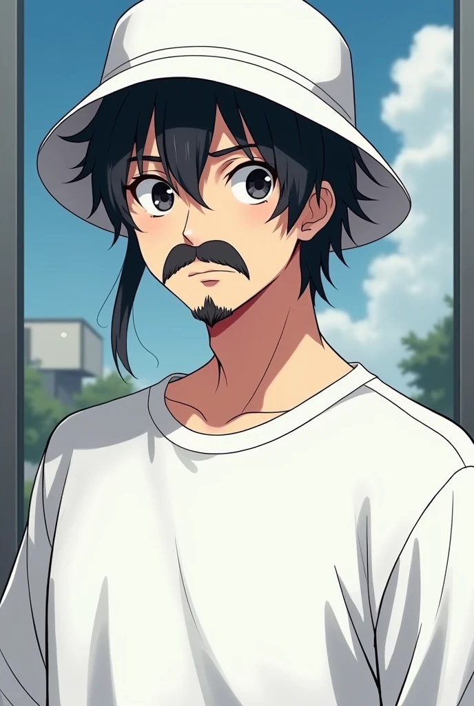 Anime-style male character with white sweatshirt and white bucket hat and black hair with mustache and goatee 