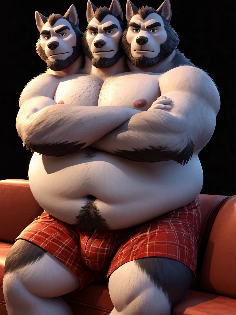 solo, siberian husky, twins, 60 year old male, ((arms crossed:1.3)), natural pose, sexy pose, sitting on couch, different facial expressions, tired, bored, annoyed, three identical heads attached to the same body, siberian husky ears, bald, stubble, beard, black and white fur, masculine, three necks, eyes, adult, male, 3d, by disney, by pixar, (overweight, fat, obese, big belly, out of shape), black background, shirtless, navel, male nipples, boxers, correct hands, correct anatomy, ultradetailed, best quality, detailed masterpiece, highly detailed masterpiece, 4k, professional cartoon