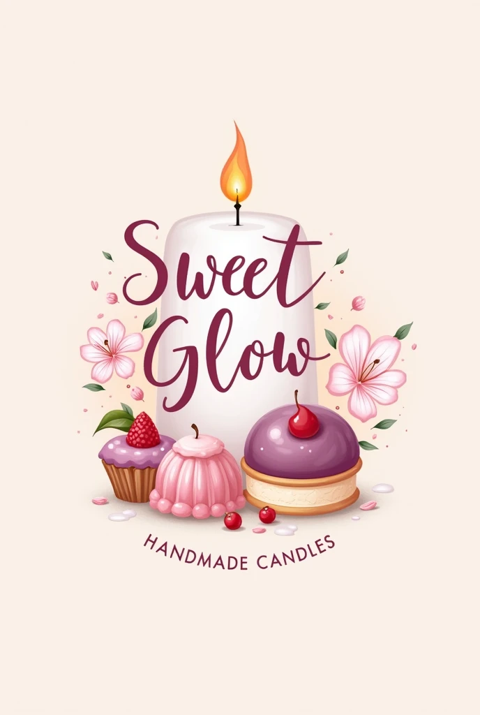 Create a logo with the name Sweet Glow handmade candles, pink and lilac color, Candles in the shape of desserts, elegant calligraphy 