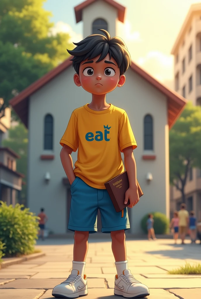 a age, brown skin, short black hair. He is wearing a yellow shirt that has a small blue crown on the chest.. On the shirt there are the letters EAT He is wearing blue shorts, white futsal shoes and wears small white socks. One hand is in the pocket and the other is holding a bible. Ao fundo, there is a small baptist church with gray walls. He is on the paved street of a big city and the sun is shining brightly.. He has a serious face and looks at the camera.
