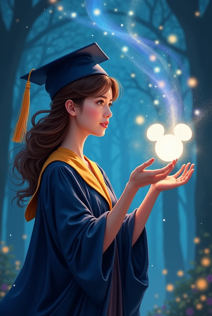 Create an image of a female graduate making the Disney logo, Mickey Mouse&#39;s, with a wand