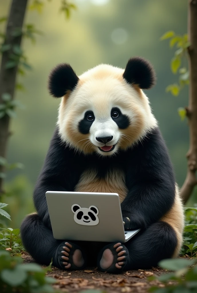 A panda is sitting with a laptop on his lap in the middle of a jungle, he has nice panda emoji sticker on the back of his laptop ,
His smile is so cute
He has a huge penis. 