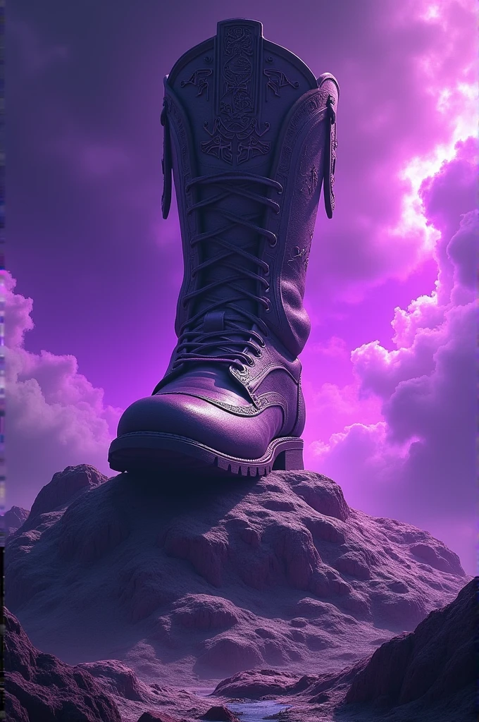 A boot stepping on Mount Olympus with a purple background