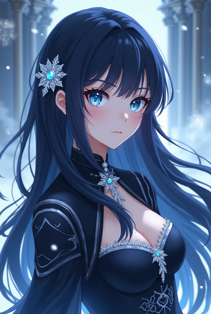 anime girl  Hair: Freya has long, midnight-black hair that falls in soft waves to the middle of her back. The natural shine of her locks reflects the light, giving her a silky, well-groomed appearance. She often wears her hair loose, with a few thin braids at the sides, adorned with an elegant snowflake-shaped brooch. This brooch, made of silver and encrusted with small gemstones, symbolizes her affinity with ice and stands out delicately among her dark hair.

Eyes: Her eyes are a deep blue, reminiscent of Arctic ice. They are piercing and intense, conveying an inner strength and determination that few can ignore. When she is focused or in moments of introspection, her eyes seem to shine even brighter, reflecting her intelligence and insight.

Skin: Freya has clear, pale skin, almost like porcelain, contrasting with the darkness of her hair. Her skin is smooth and flawless, the result of the care typical of her noble position. However, she has a natural blush on her cheeks, which adds a touch of vitality to her appearance.

Attire: Freya wears clothes that reflect her position and status, always with a touch of elegance and sobriety. Her dresses are usually in dark tones, such as navy blue, gray, or black, often decorated with silver or light blue details. The style of her clothes is classic and refined, with cuts that highlight her slender figure and graceful posture. For battle or training, she opts for combat attire made of lightweight but durable materials that allow for mobility without sacrificing protection.

Height and Build: Freya is of average height, with a slender and athletic body, the result of years of physical training. Her posture is erect and confident, reflecting both her noble background and her unwavering determination. Despite her delicate appearance, her body displays latent strength, especially in her arms and legs, evidence of her rigorous training in fencing and combat.

Facial Expression: Freya's expression is generally calm and collected,