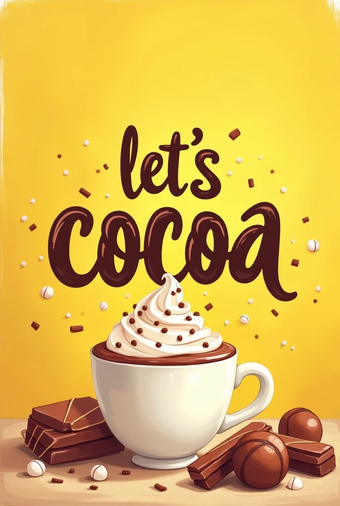 An image written Let's Cocoa in brown, yellow backdrop, letters in lettering and something that reminds of confectionery
