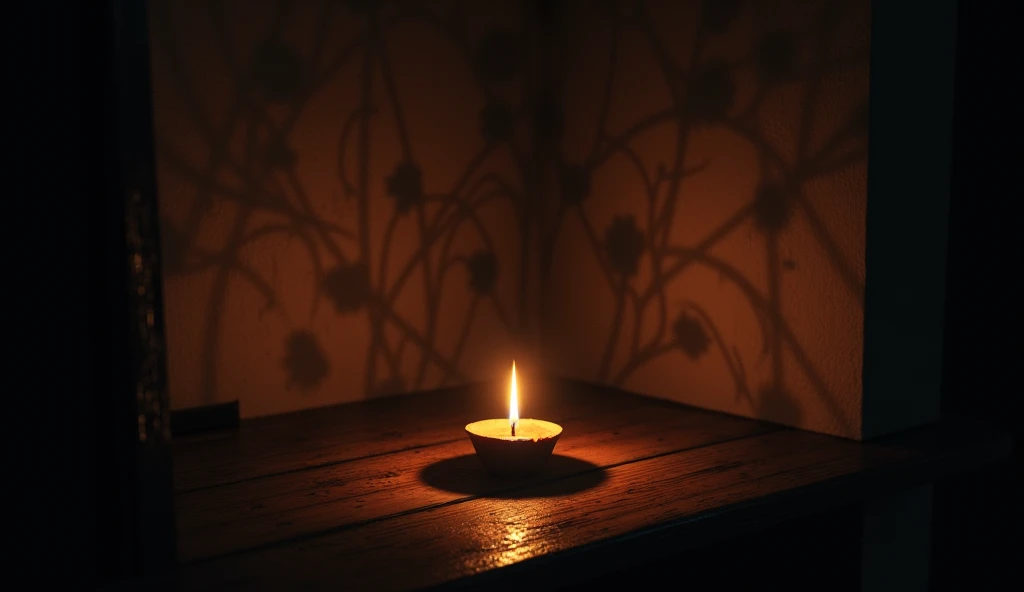 A dark room lit only by a candle, casting complex shadows on the walls,  with color enhanceme