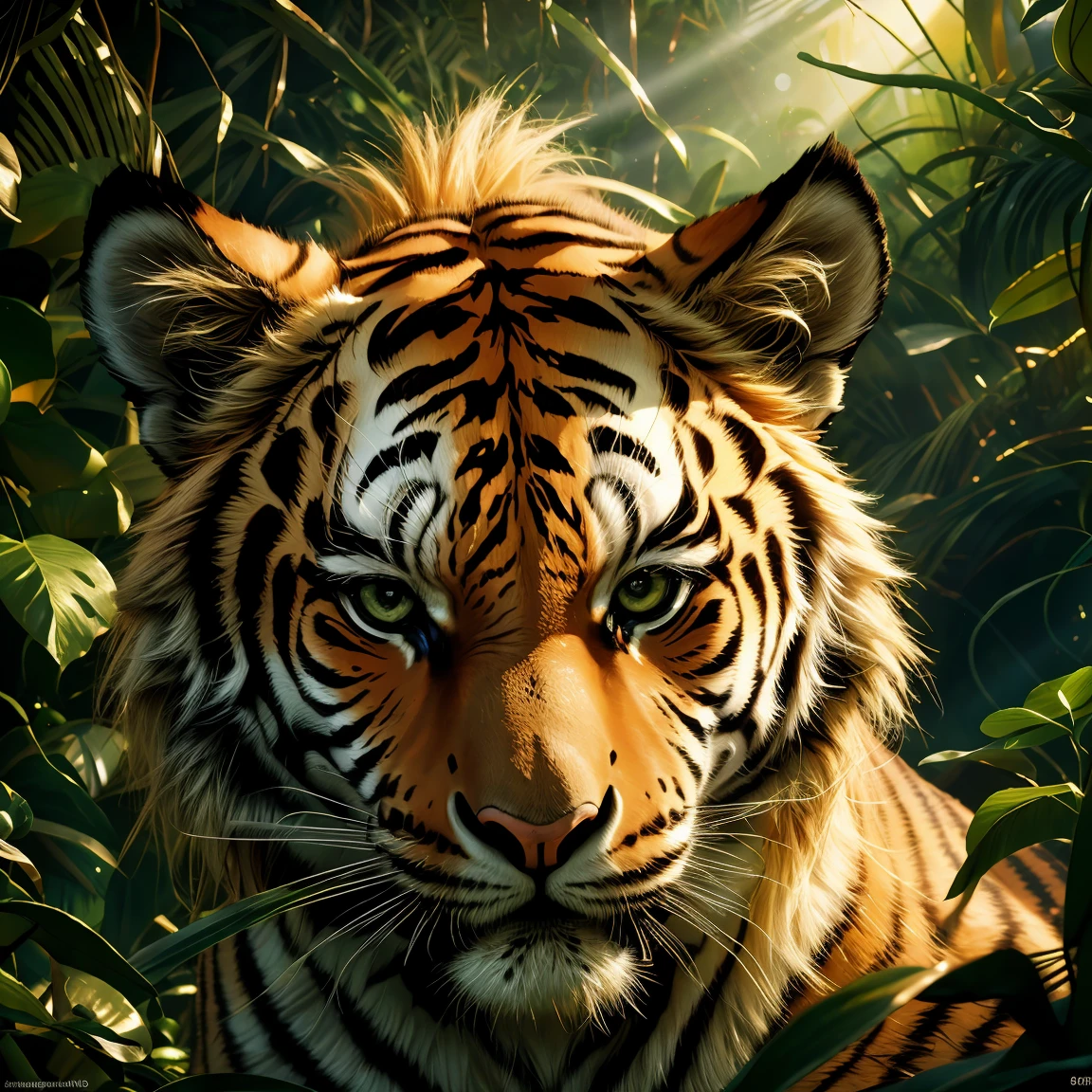 a blonde girl with big tiger ears and a tiger body, looking directly at the viewer, in a lush jungle background, (best quality,4k,8k,highres,masterpiece:1.2),ultra-detailed,(realistic,photorealistic,photo-realistic:1.37),detailed eyes,detailed lips,extremely detailed face,long eyelashes,detailed texture of fur and skin,magical realism,dramatic lighting,vibrant colors,fantasy,digital art,concept art