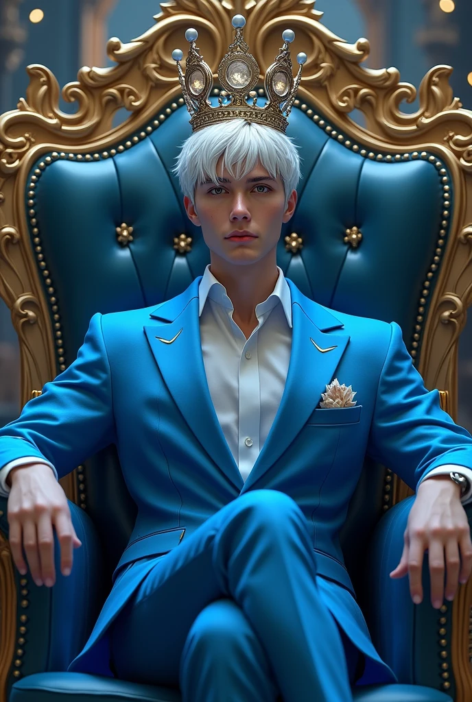 Prince a crown with moon details blue suit on a throne with moon details with short white hair and shoes 
