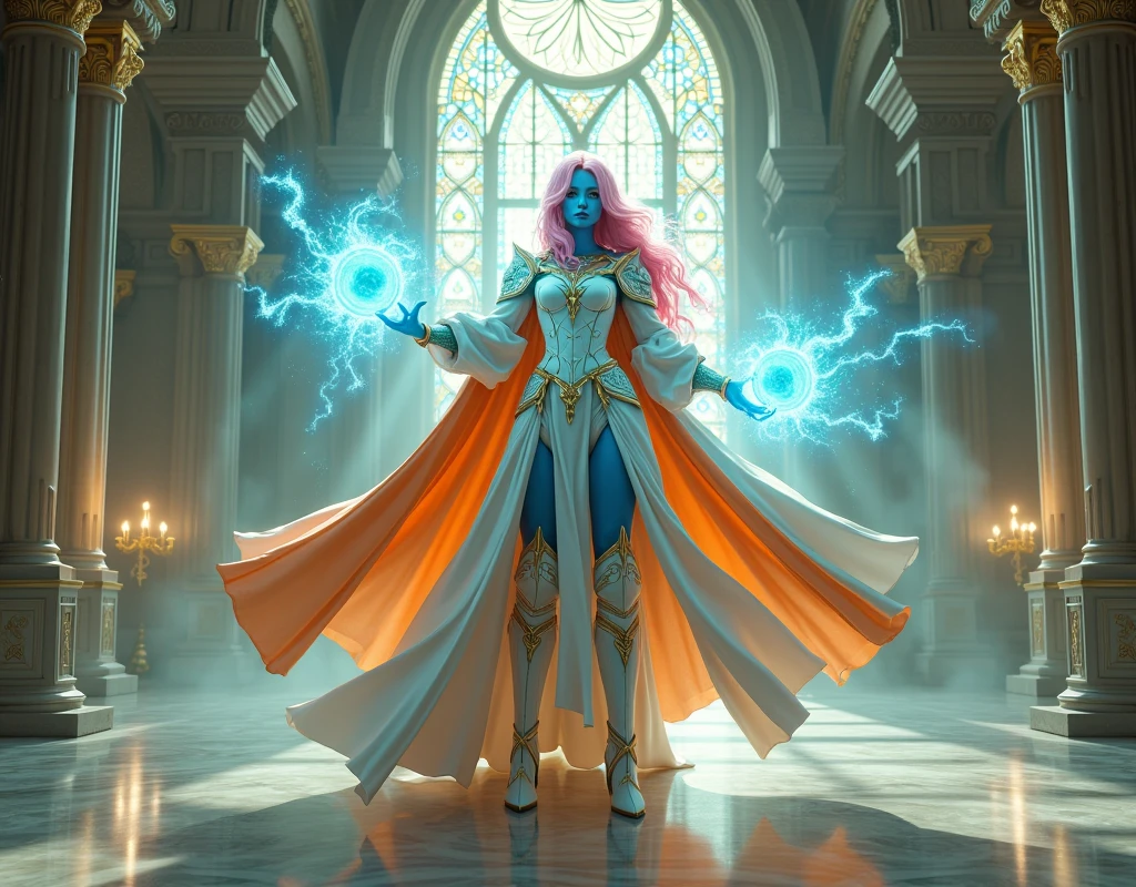 fantasy art, dnd art, RPG art, wide shot, (masterpiece: 1.4) a (portrait: 1.3) intense details, highly detailed, photorealistic, best quality, highres, portrait a female (fantasy art, Masterpiece, best quality: 1.3) ((blue skin: 1.5)), intense details facial details, exquisite beauty, (fantasy art, Masterpiece, best quality) cleric, (blue skinned: 1.3) female, (pink hair: 1.3), long hair, (no ears: 1.5), (green eyes: 1.3), casting radiant spell, wearing heavy (white armor: 1.3), wearing high heeled boots, wearing an (orange cloak:1.3), wearing glowing holy symbol GlowingRunes_yellow, within fantasy temple background, reflection light, high details, best quality, 16k, [ultra detailed], masterpiece, best quality, (extremely detailed), close up, ultra wide shot, photorealistic, RAW, fantasy art, dnd art, fantasy art, realistic art,((best quality)), ((masterpiece)), (detailed), perfect face, art by mooncryptowow