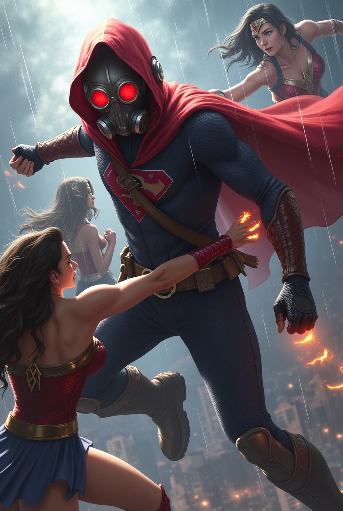 Young Star-lord with red hoodie, headphones, star-lord helmet, gas helmet, covered mouth, round red eyes, Red eyes, magic rings in the hands and rocket boots vs, SuperGirl, vs. Wonder woman Fighting, power, fiction, full body, hug, fall, fire in boots, poweful spells, realistic, helmet, mask, red cape, confrontation, punch, gun, flying in the sky, view of the city from above, rain, fighting, Black gloves, ocean floor, face cover, free hair, front cover
