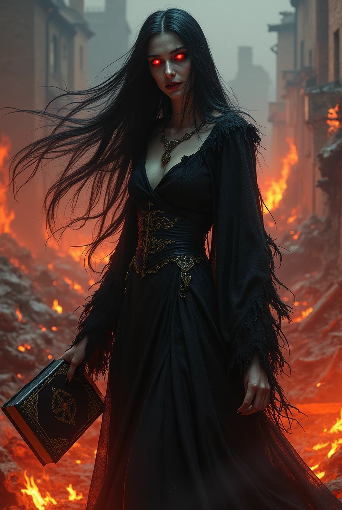  witch ,eternity ,burning village ,evil smile ,dark forbidden Magic devil book , flat chest , slim , very long pitch black hair , red eyes , veins, possessed by the Devil ,dark damaged robe