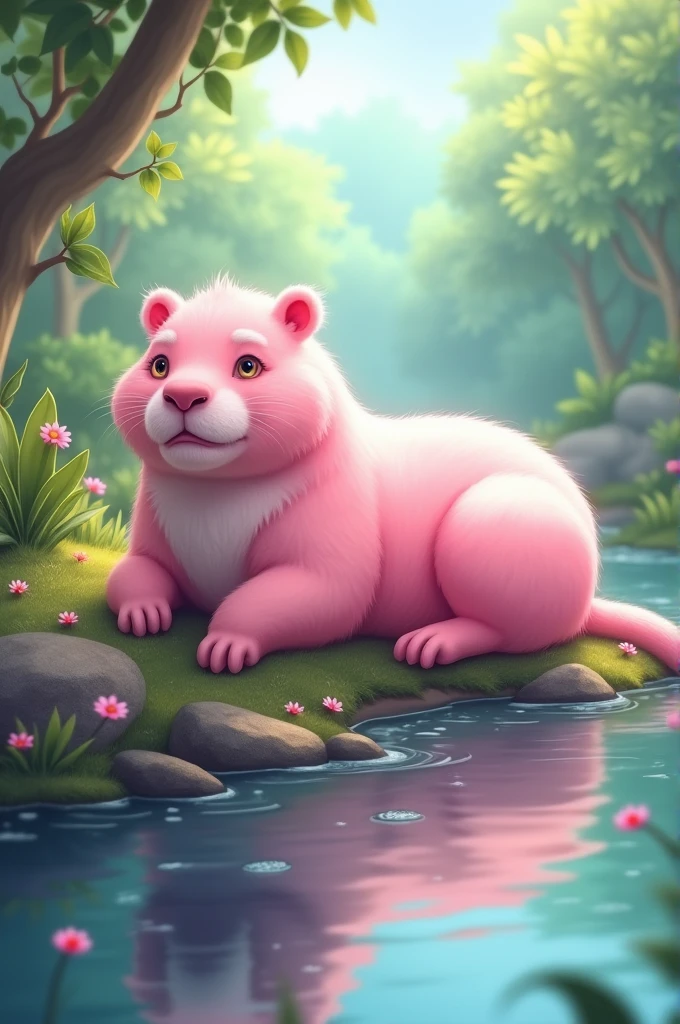 Create a pink capybara on the riverbank