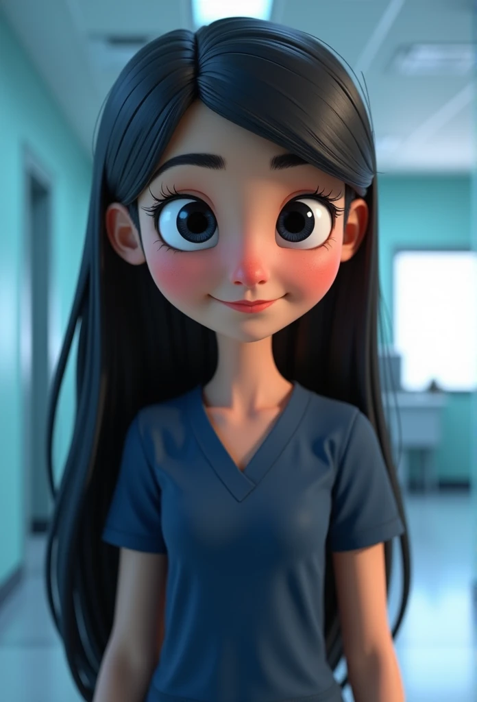 Cartoon character of a nurse with black eyes and big eyelashes, drawn mouth and medium nose, with very straight and long hair, wearing dark blue surgical pajamas Inside a clinical animation character, stylized character, animation style rendering, 3d stylized, Arnold Maya rendering, Stylized 3D rendering, toon render screenshot, 3d character, 3d character, Stylized 3D rendering, 3D character rendering, cartoon character, Personagem de close up, character posing, (Pixar-style) (master part:1.2) (bokeh) (best qualityer) (skin detailed) (detailed texture) (8k) (Argilla) (cinematic lighting) (sharp focus