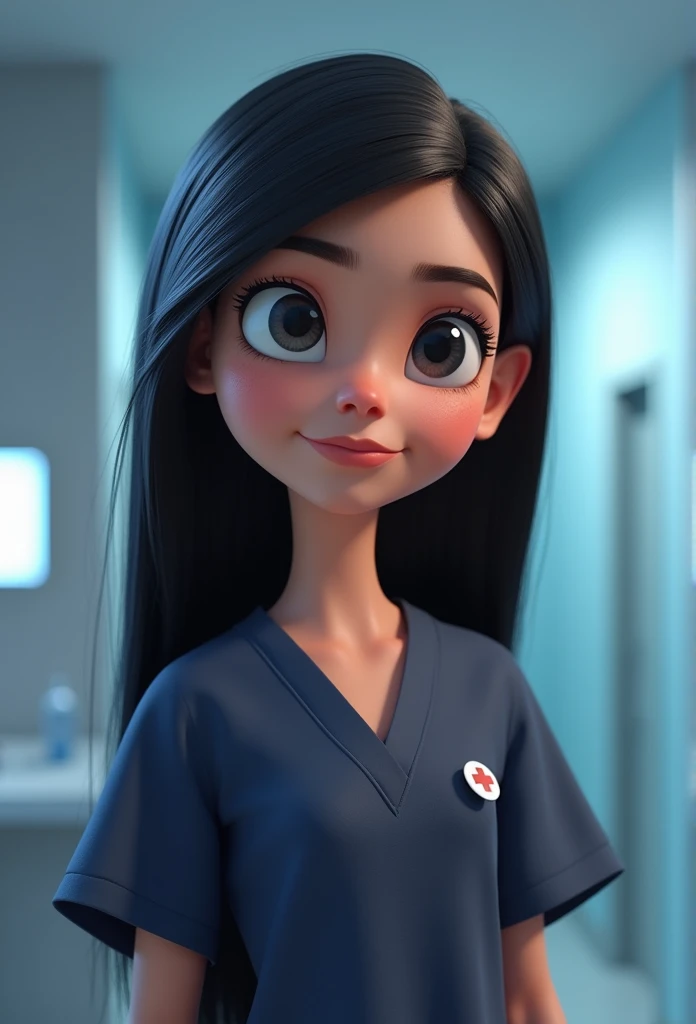 Cartoon character of a nurse with black eyes and big eyelashes, drawn mouth and medium nose, with very straight and long hair, wearing dark blue surgical pajamas Inside a clinical animation character, stylized character, animation style rendering, 3d stylized, Arnold Maya rendering, Stylized 3D rendering, toon render screenshot, 3d character, 3d character, Stylized 3D rendering, 3D character rendering, cartoon character, Personagem de close up, character posing, (Pixar-style) (master part:1.2) (bokeh) (best qualityer) (skin detailed) (detailed texture) (8k) (Argilla) (cinematic lighting) (sharp focus