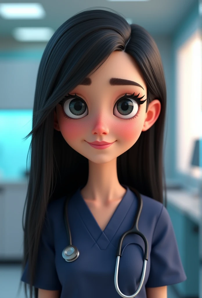 Cartoon character of a nurse with black eyes and big eyelashes, drawn mouth and medium nose, with very straight and long hair, wearing dark blue surgical pajamas Inside a clinical animation character, stylized character, animation style rendering, 3d stylized, Arnold Maya rendering, Stylized 3D rendering, toon render screenshot, 3d character, 3d character, Stylized 3D rendering, 3D character rendering, cartoon character, Personagem de close up, character posing,  (Pixar-style) (master part:1.2) (bokeh) (best qualityer) (skin detailed) (detailed texture) (8k) (Argilla) (cinematic lighting) (sharp focus