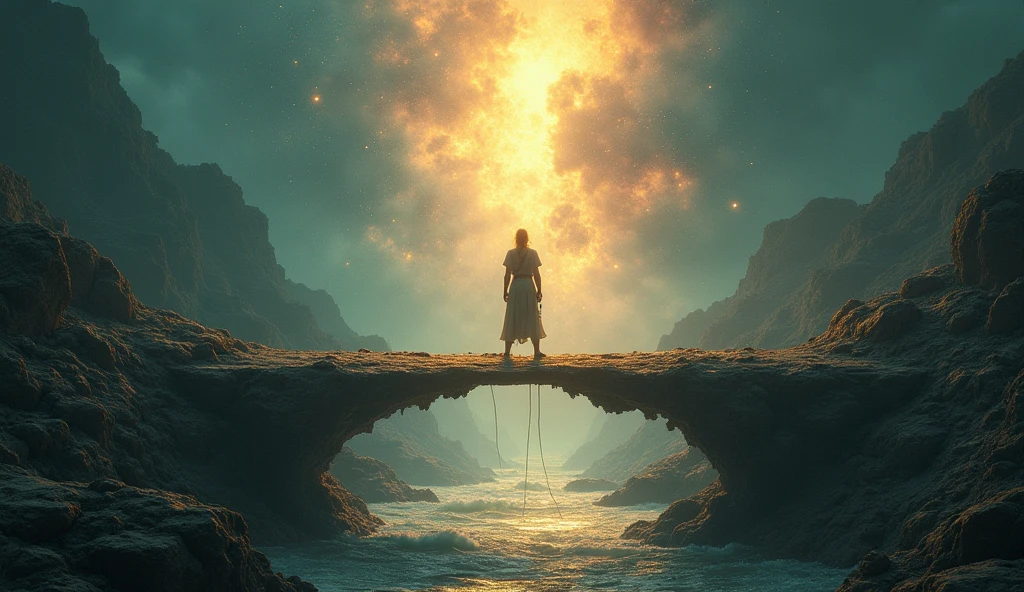 A person building a bridge between two worlds: one representing ignorance and the other knowledge