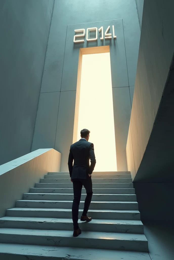 Create a man on top of a futuristic staircase in front of a luminous door.. Above the door it says 2014. The man is wearing casual but very elegant black clothes..