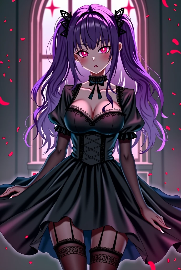 Woman, cabelo roxo, Eyes red, black lolita dress, transparent pantyhose