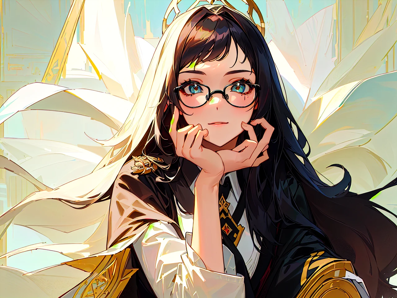 a woman with black hair and large eyes, wearing glasses, sitting in a chair, gothic girl, black hair with bangs, wearing glasses, extremely low quality image, wavy long black hair and glasses, with long hair and piercing eyes, black bangs, long dark hair with bangs, wearing black framed glassesДлинные волосы, Челка, Волосы перед ушами, Высокое разрешение, Точность, Отмеченный наградами, Детально, Реалистичная анатомия, Лучшее качество, Смотрит на зрителя, Черные волосы, Приоткрытые губы, Ореол, Ракурс, Отблеск от линзы, Импрессионизм, Абстрактный экспрессионизм, Абстракционизм, Живопись действия, Реалистичная анатомия, Лучшее качество, 