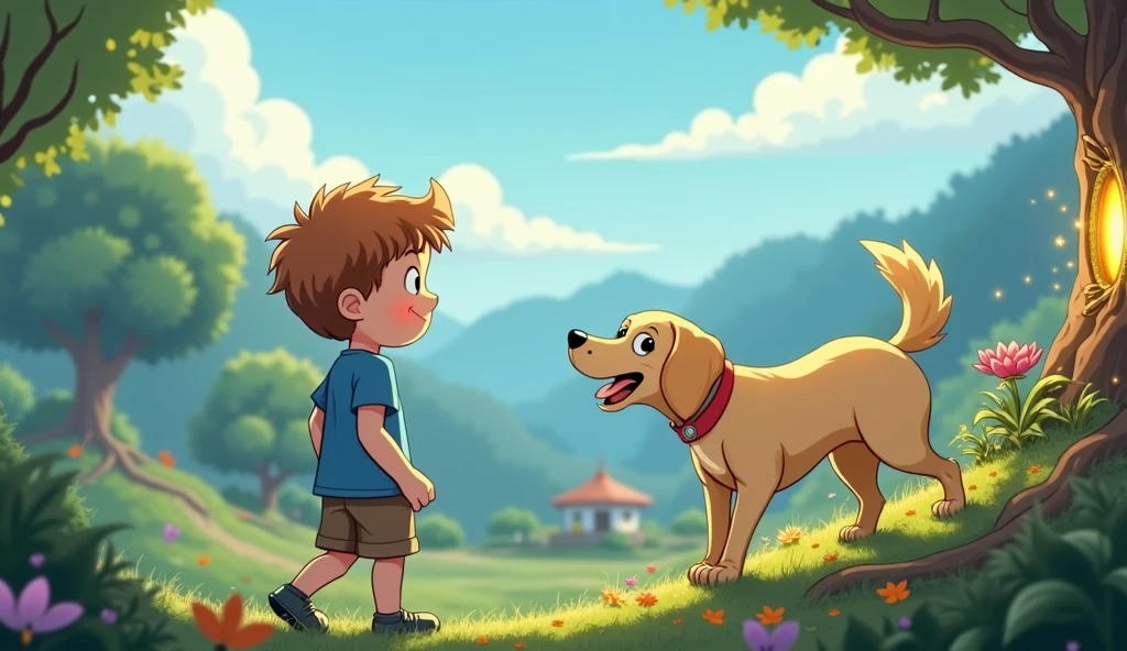 curious, Lucas, a boy in a blue t-shirt and brown shorts, with his golden dog, approached the tree with colorful leaves. Suddenly, The roots began to glow and a door opened in the trunk. Max barked excitedly, as if he also felt the magic of the moment.