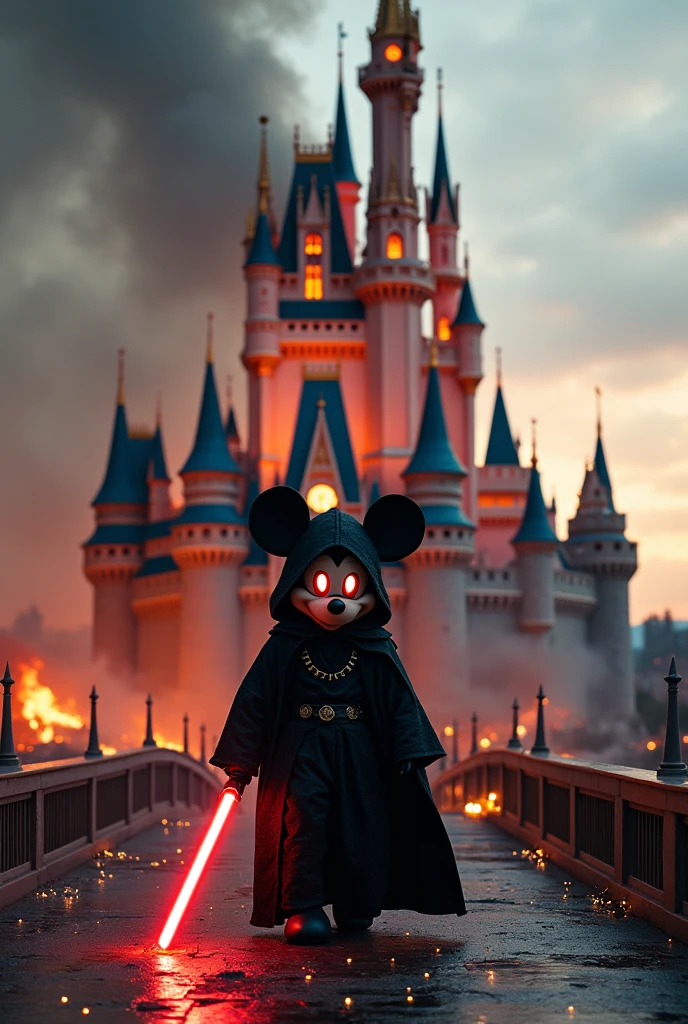 A photo of the Cinderella Castle, visibly collapsing and burning, with parts of the structure crumbling down, surrounded by smoke and flames. In front of the crumbling castle, Mickey Mouse has transformed into a dark fantasy character, dressed in a black, flowing Sith robe from Star Wars with intricate detailing. Mickey's large, round ears stick out slightly from beneath the hood, and his eyes glow a bright, solid red, with no visible pupils or blackness, creating a truly terrifying and otherworldly appearance. He walks alone, head down, across the entrance bridge leading away from the castle, exuding an ominous and menacing presence. His red lightsaber drags slightly along the ground, leaving a trail of sparks. The dark energy swirls around him as he slowly emerges from the chaos. Sparks of fire are scattered throughout the entire image, adding to the intense, fiery atmosphere. The scene is filled with an eerie sense of doom, as the fiery destruction behind him contrasts with his solitary, menacing figure.