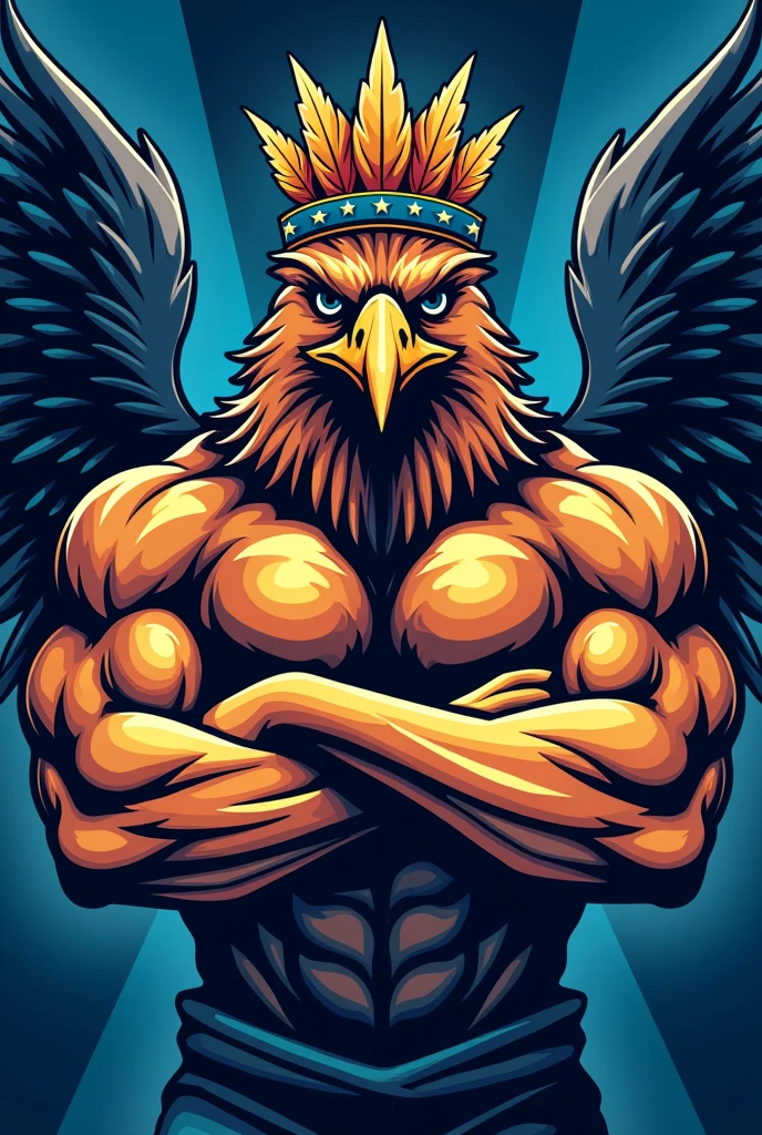 Brazilian Imperial Eagle, don&#39;t forget the feather crown on the harpy&#39;s head, being a muscular character, pumped up team emblem, Team logo, strong line, shades of blue, crossed arms