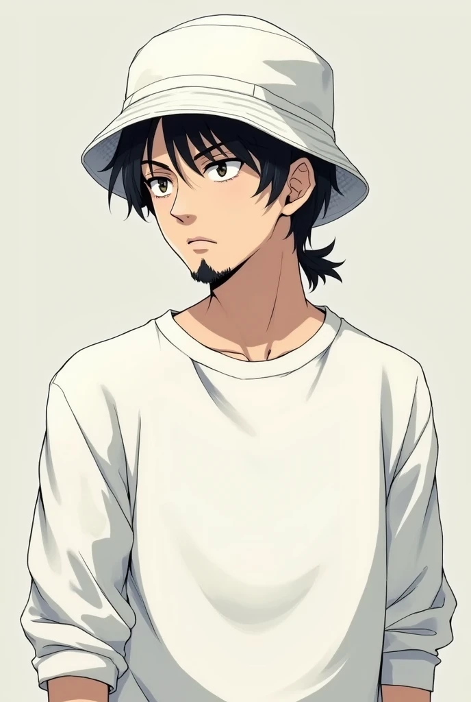 Male character in anime format with white sweatshirt and white bucket hat and black goatee hair with a serious face