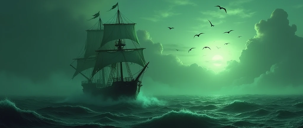 create an image of a rustic ghost ship at sea in a greenish sunset