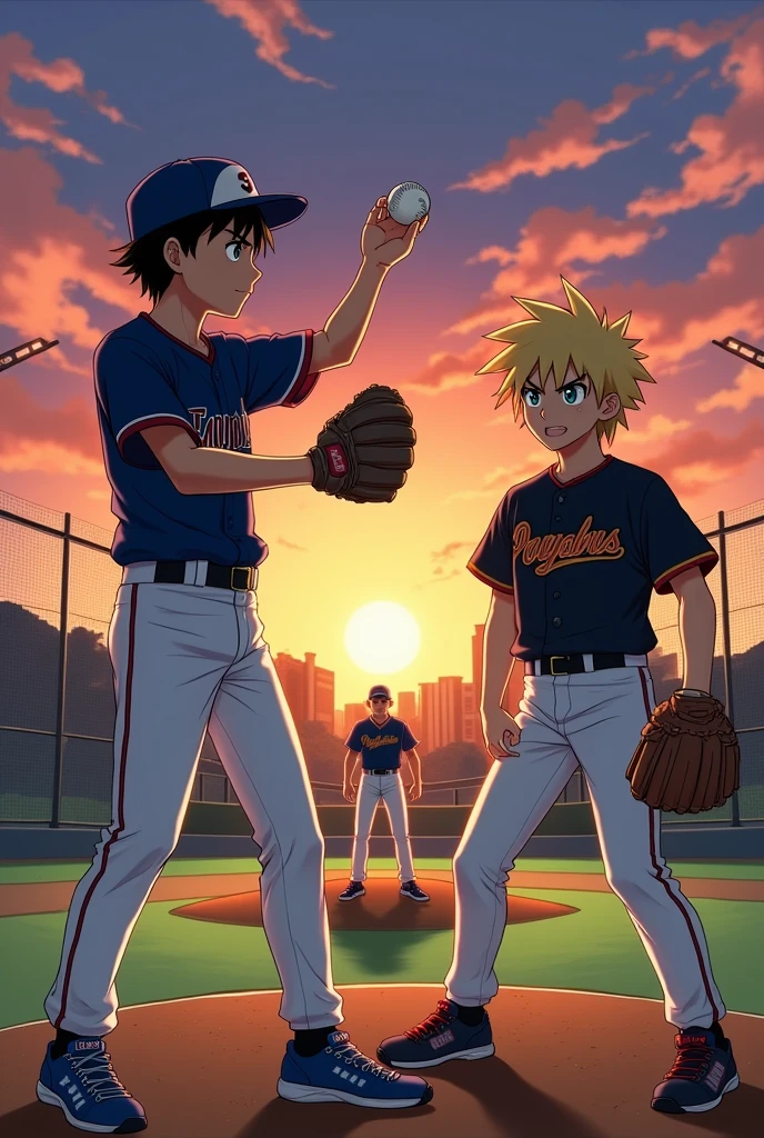 For the book cover, visualize a dynamic, energetic scene that captures the competitive spirit of baseball and the personalities of the central characters. The backdrop is the baseball field at dusk, with the sky in shades of orange and purple, conveying an atmosphere of intensity and rivalry. In the background, the silhouette of Nambu Pegasus High School looms large, reinforcing the connection with the school environment. In the center of the image, we have three characters: 1. **Hitoshi Shindo**: He is positioned on the left, in a throwing motion, with his arm extended and the baseball shining in his hand. He is a young Japanese man with short black hair and determined eyes. He is wearing the Yamato Tom Cats uniform, which is navy blue with white accents. His expression is serious, focused on the play. 2. **Demos Thorn**: On the right, Demos Thorn prepares to bat. He is a tall American with tanned skin, shaggy blond hair, and piercing blue eyes. He wears the Nambu Pegasus uniform, which is black with gold details, and stands in an aggressive stance, with his baton raised. His expression is one of confidence and defiance, suggesting his notorious reputation. 3. **Pegasus, the rival school**: In the background, between the two, a mysterious young man appears. His back is turned, but his presence is imposing. Only his silhouette is visible, but his uniform and posture indicate that he is an important figure in the rivalry between the schools. The title of the book appears at the top, in large, bold fonts, with colors that match the theme of the sunset.