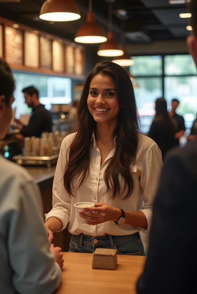 Himanshi khurana buying coffee from Starbucks, real photo 