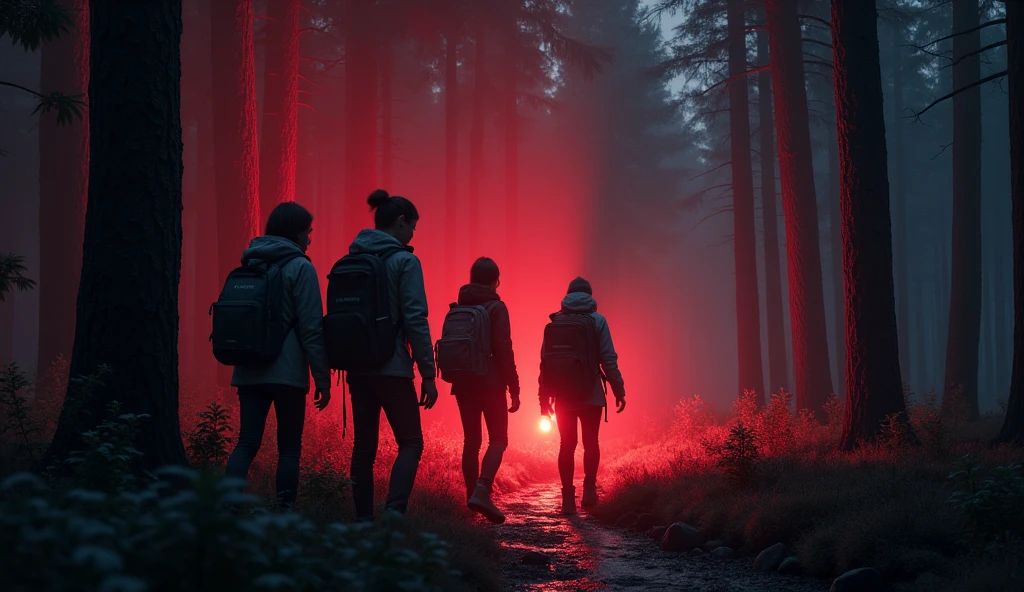 A group of young people at the edge of the forest, illuminated by flashlights, with determined and tense expressions. This indicates their courage in deciding to investigate the source of the red light. The nighttime setting and the shadows of the surrounding trees add a touch of suspense., small, Christmas, Funky Seasons, body shot, Cinema4D rendering, Detailed, Installation, blotchy colors, Hallyu, Xray lighting, Hyperrealistic intricate detail, finely detailed, car interior design, Octane render, 8k --ar 16:9