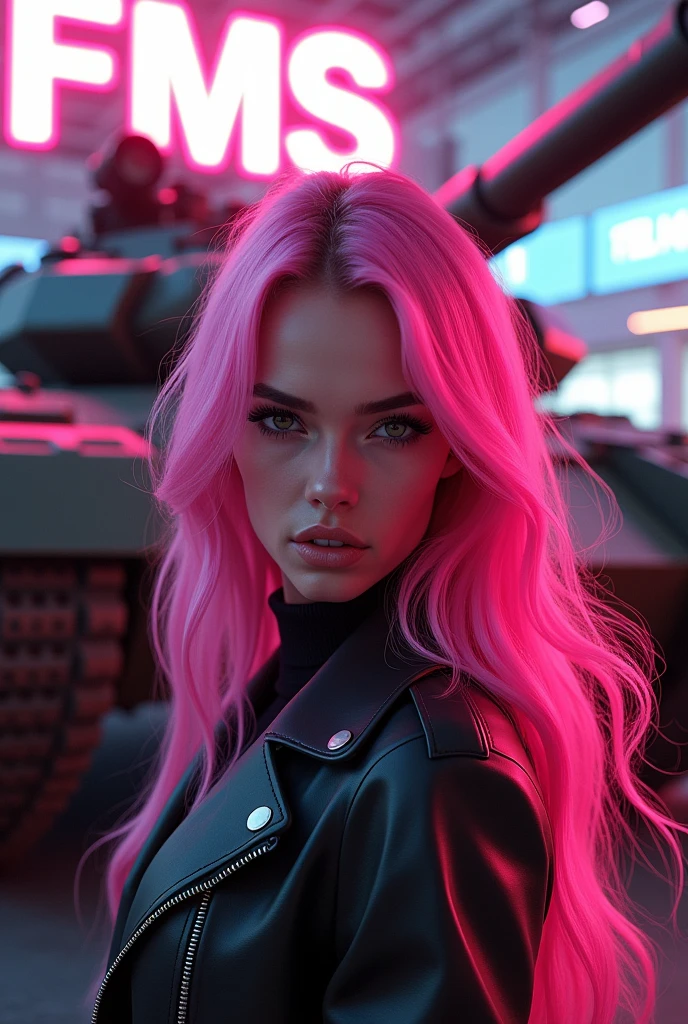 1 woman with exuberant beauty, With long hair, vibrant pink wavy hair, looking at the viewer with piercing black eyes. Behind her there is a military tank and some pink details and a luminous sign that says “FMS” 1 , high resolution, HD Model, HD Model, high resolution, High details, ultra HD, 