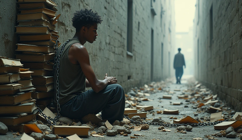 Escaping the Trap: A person breaking free from chains or a cage made of books and diplomas, symbolizing escaping the system. A distant, clear path leads to new opportunities and personal success beyond traditional education.