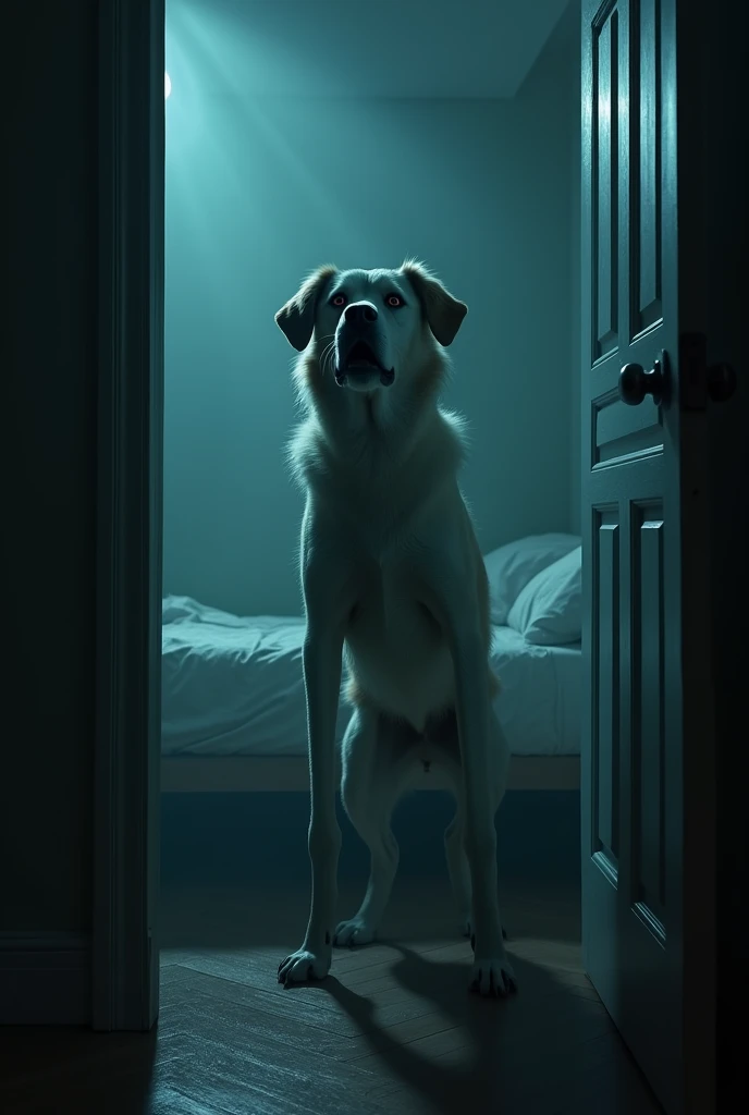 The bedroom door opens and there is the dog standing on two legs with a cold and terrifying look, with cool tones in dim light
