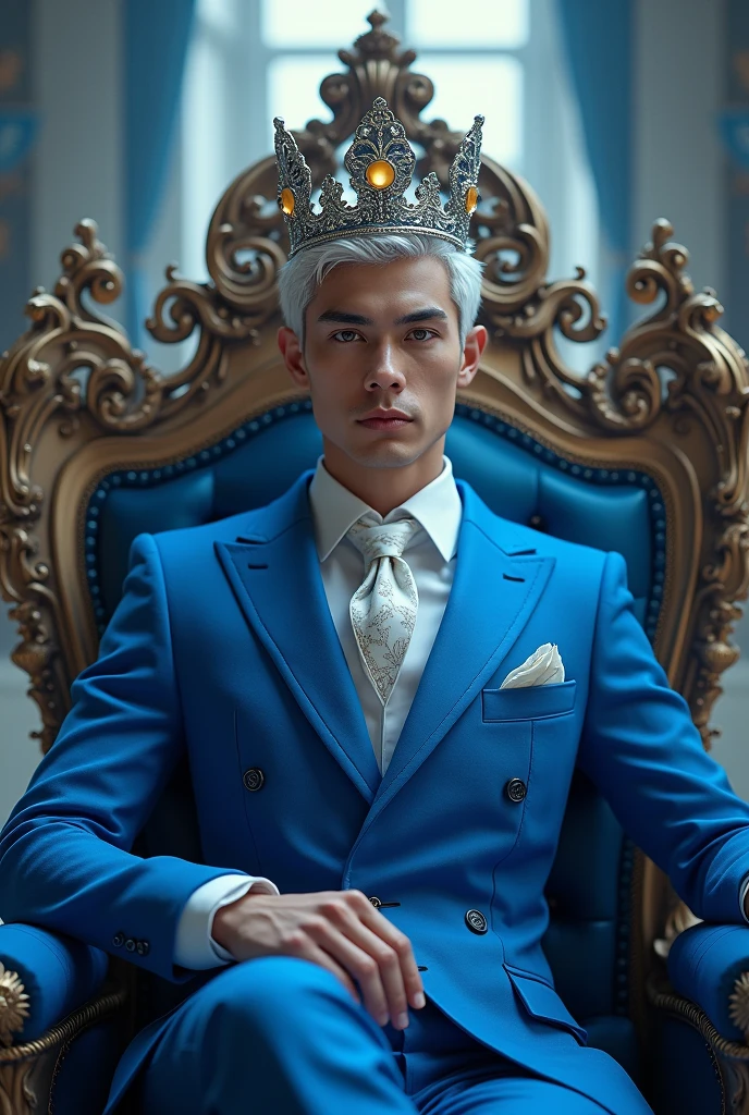 Prince a crown with moon details blue suit on a throne with moon details with short white hair and shoes 
