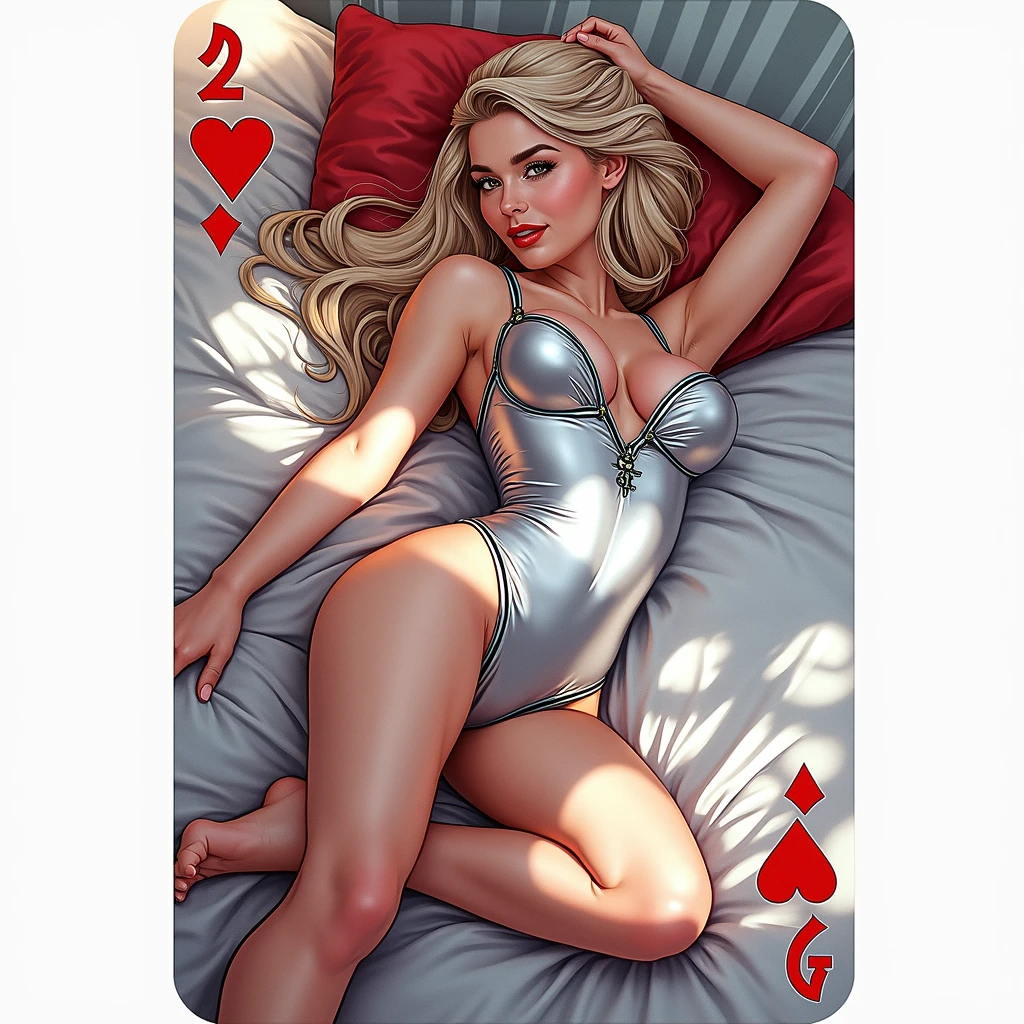 Carte à jouer, style dixit, (8K), Japanese, Canon EOS R5, 35 mm, lips with red lipstick, smile, blonde hair, 20yr old, Ultra-thin mini bikini lingerie, ultra-fine depiction, nipple tips protruding, areola is protruding, pubic shape clearly visible, spread their legs, Bed with white sheets, gigantic cleavage breasts, obvious, The chest overflows from the underwear, Beautiful shaped hands, put on a very tight-fitting monolithic silver Starfleet jumpsuit, pop'art