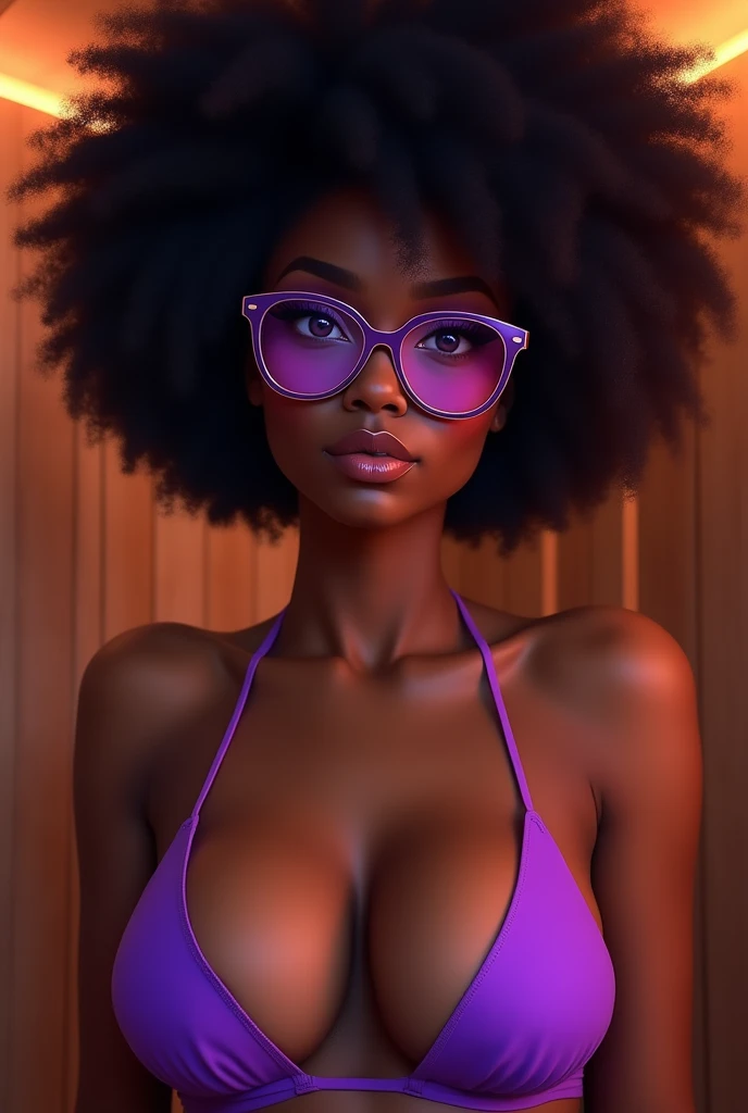 1 , 独奏, African ancestry, dark afro hair, breasts big, purples eyes, sauna, purple glasses, purple bikini, blushed