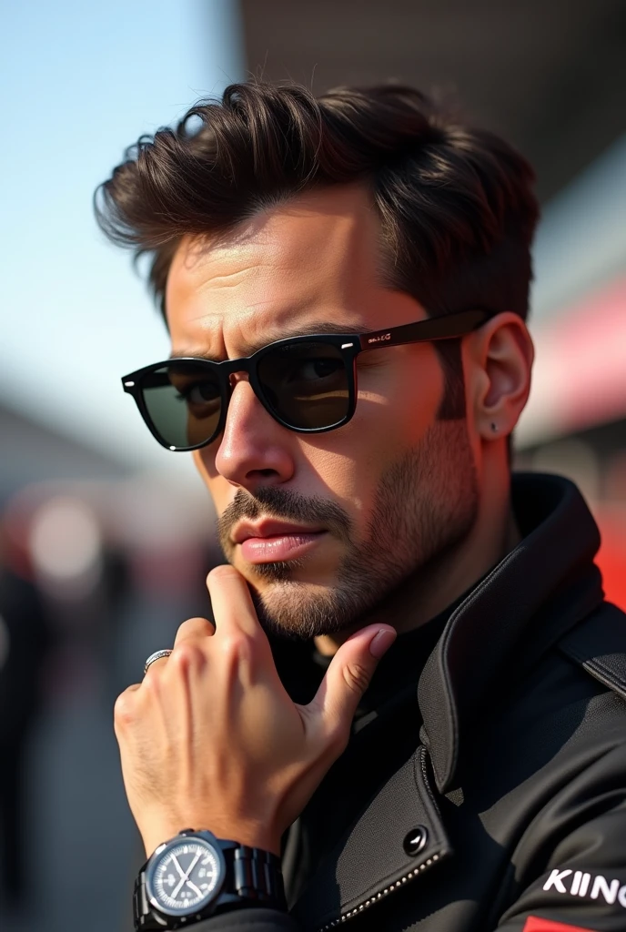 (photorealism:1.1) a man with dark brown hair and brown eyes in the Formula 1 pitlane in Monza wearing Rayban sunglasses and a Portuguese IWC and wearing an 8k ultra realistic super detailed wedding ring