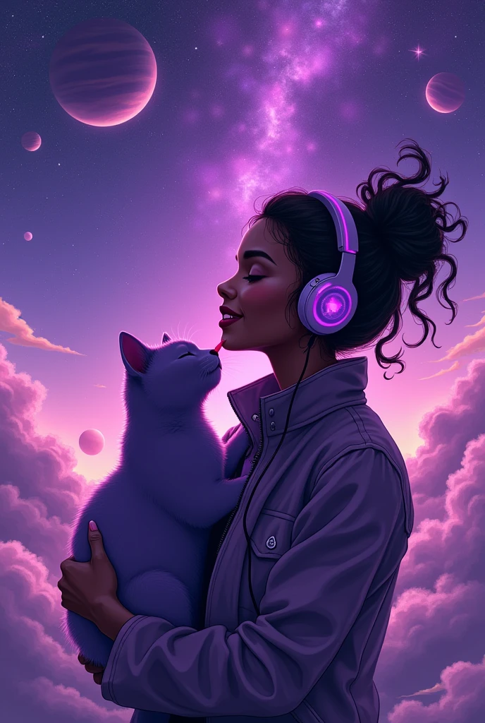 Dark skinned Woman in the middle of the universe, Dark skinned Woman listeling to music, Dark skinned Woman with purple headphones, Dark skinned Woman with eyes closed, Dark Skinned Woman wearing jacket, Dark Skinned Woman with weavy hair, Dark Skinned Woman happy, Dark Skinned Woman hugging a cute cosmic purple cat, Purple cosmic cat licking the face of the dark skinned Woman, Purple sky, purple planets, purple Stars, purple galaxies, Purple clouds, Anime realistic style