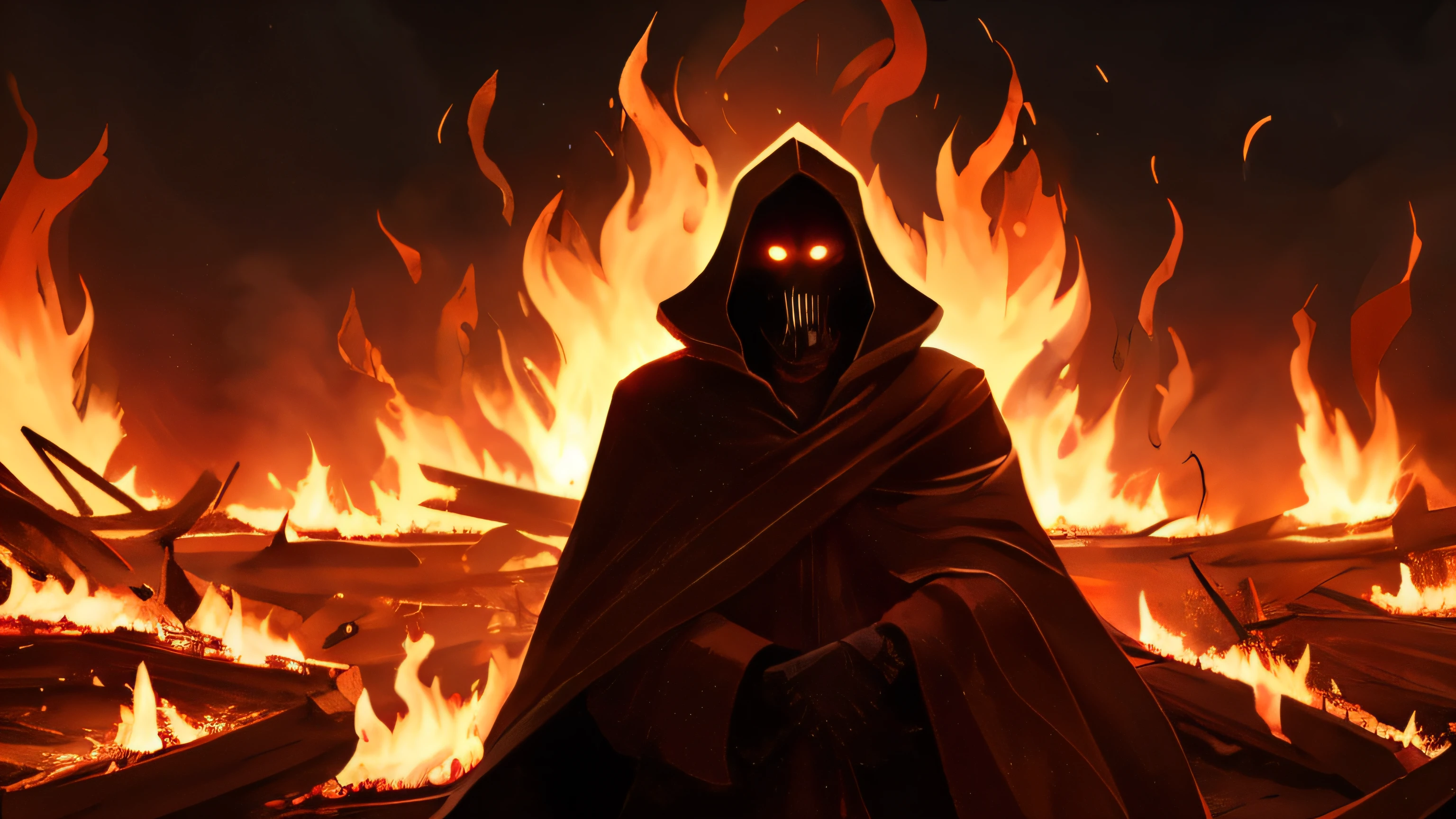 (Best Quality, Photorealistic, Ultra-Realistic, Finely Detailed, High Resolution, 8K, 16k, Wallpapers), A dark and eerie image of Shabriri, the Lord of the Frenzied Flame, from Elden Ring. Shabriri should be depicted as a terrifying figure with a mutilated face, his eyes gouged out, with gaping, hollow sockets that burn with the intense and chaotic Frenzied Flame. His expression should be one of madness and despair, reflecting his corruption by the Flame. Shabriri's body is draped in torn, dark, and tattered ritual robes. The robes should appear old and worn, with traces of burnt edges, as if they have been burned by the very flame he worships. The background should be eerie and desolate, with a dark, stormy sky and a landscape that appears scorched and lifeless, echoing the devastation brought by the Frenzied Flame. The environment should be otherworldly and nightmarish, with faint embers floating in the air, giving a sense of impending doom. The lighting should be dramatic, casting harsh shadows across Shabriri’s face and silhouette, emphasizing the hollows of his eyes and the burning flames within. The flame itself should be depicted as wild and uncontrollable, with tendrils of fire that appear to flicker chaotically around his head, symbolizing the destructive power within. The overall mood of the image should be one of dread and unease, capturing the essence of a character who is both a harbinger of chaos and a victim of the Frenzied Flame.