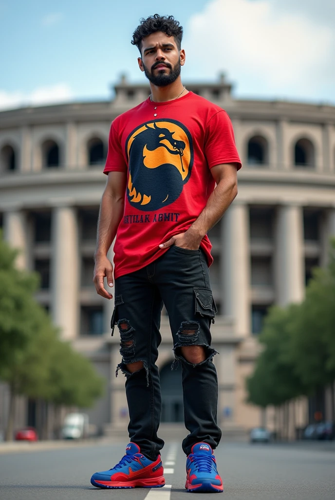 a man of 35 years of age, black eyes, short curly hair, clear skin, long sideburns, dressed in modern ripped black pants, Red Manchester T-shirt with Mortal Kombat character print, with blue and red Nike tennis shoes, in the background at the back, The Aztec Stadium in Mexico City.