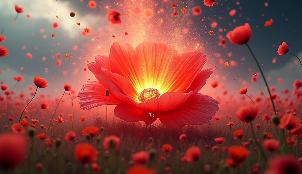 Create an image of an exploding poppy, releasing its phytochemical compounds in 3d with an extraordinary background In horizontal size, as for a wallpaper 