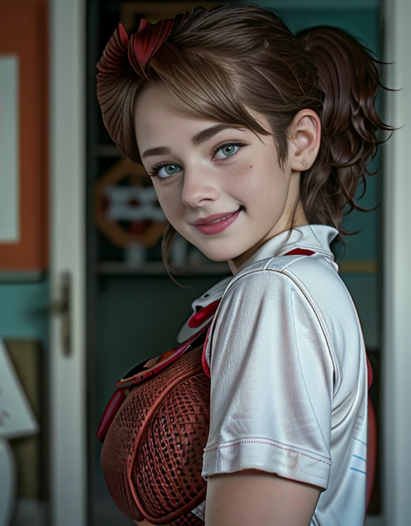 masterpiece, absurdities,award-winning photo, extremely detailed, Amazing, Detail it up, Ojos y method extremely detaileds, by lee jeffries nikon d850 film stock photograph 4 kodak portra 400 camera f1.6 lens rich colors hyper realistic lifelike texture dramatic lighting unrealengine trending on artstation cinestill 800 tungsten, beautiful teenage girl , ,Long brown hair styled in a ponytail, pony tail, freckles and nose , small nose , blue eyes , Nice smile, medium breasts , cute makeup, posing for a photo ,Perfect ESD_method, Perfect ESD_body, Varied background, Nice smile , pony tail , body completo , red baseball clothes , field