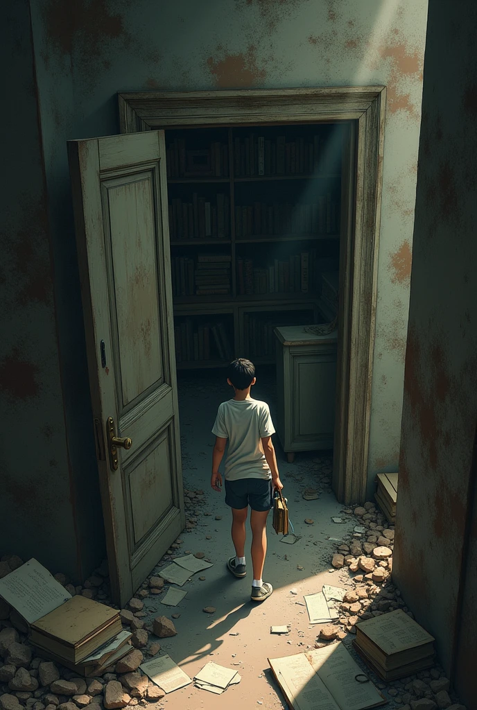 In the old building of MFU during the summer break, Thongkor Sukjaroen is student 20 years old stumbles upon a newly accessible hidden room while exploring the campus renovations. Describe the initial discovery of the concealed entrance and the eerie, dust-covered contents of the room, including old books and ancient documents.