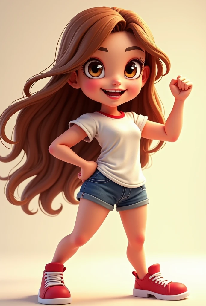Female mascot, long brown hair , eyes browns, white.