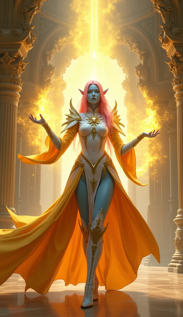 fantasy portrait  art, dnd art, RPG art, wide shot, (masterpiece: 1.4) intense details, highly detailed, photorealistic, best quality, highres, portrait a female (fantasy art, Masterpiece, best quality: 1.3) ((blue skin: 1.5)), intense details facial details, exquisite beauty, (fantasy art, Masterpiece, best quality) cleric, (blue skinned: 1.3) female, (pink hair: 1.3), long hair, (no ears: 1.5), (green eyes: 1.3), casting yellow radiant spell, wearing heavy (white armor: 1.3), wearing high heeled boots, wearing an (orange cloak:1.3), wearing glowing holy symbol, within fantasy temple background, reflection light, high details, best quality, 16k, [ultra detailed], masterpiece, best quality, (extremely detailed), close up, ultra wide shot, photorealistic, RAW, fantasy art, dnd art, fantasy art, realistic art,((best quality)), ((masterpiece)), (detailed), perfect face, art by mooncryptowow