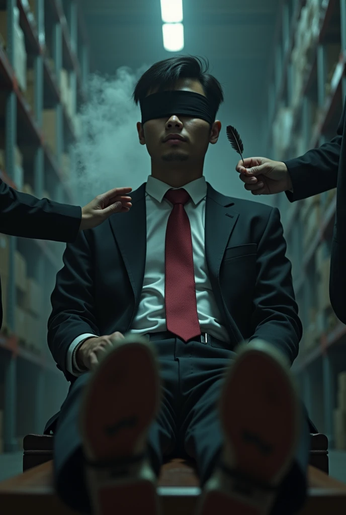 Malaysia malay handsome 19 years
His handcuff in warehouse
Blindfolded
Black Suit and Red tie
feet on desk
feather
A pair of Nike shoes on desk
5 toes each feet
Black sock
Smoke effect at sole
1 man take off his socks
1 man using feather tickle his feet
He laugh very hard