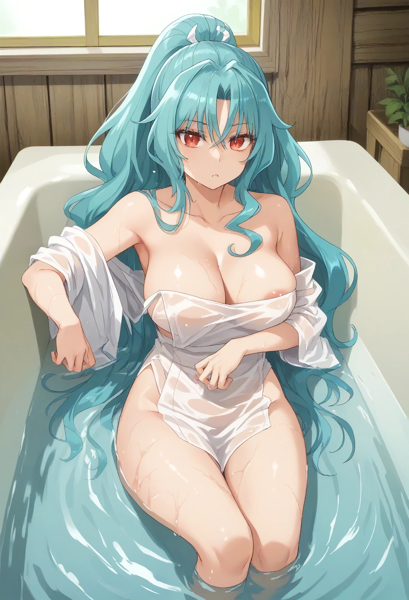 long hair aqua hair ponytail red eyes,slit pupils,big breast,bath,water,steam,takin bath,wet,tovel,in the bath,in the bathroom,((((relaxing,relief))))
