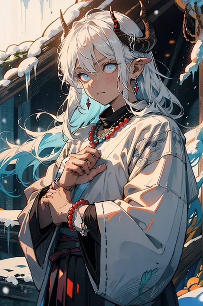 1male, mature, tan skin, tundra, cold, cool tones, surrounded by ice, ice cave, ice cavern, snow, finely detailed glowing blue eyes, ((detailed hands)), nice hands, medium messy hair, white hair color, prayer bead necklace, prayer bead bracelet, night, somber expression, ((detailed eyes)), ((horns)), red tattoos on chest, dark atmosphere, lanterns, snowy forest
